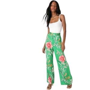 Lulu’s Thriving Vibes Bright Green Floral Print Satin Wide Leg Pants NEW Size L